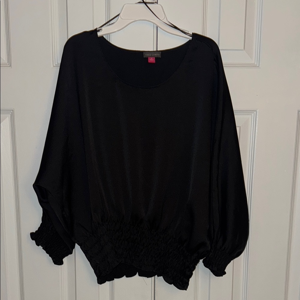 Vince Camuto Black Puff Sleeve Ribbed Blouse